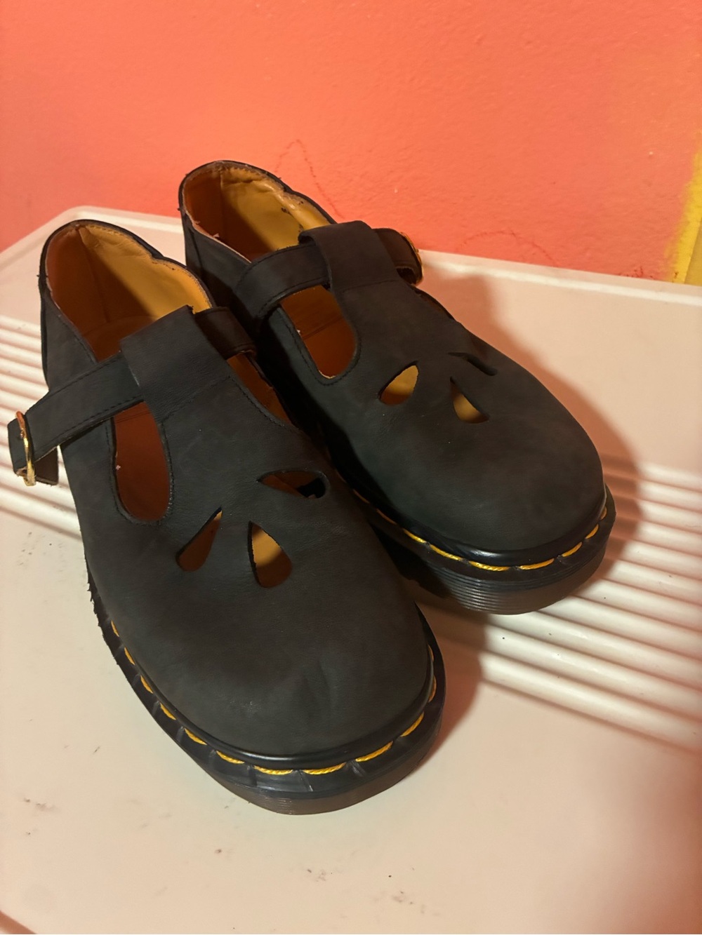 Dr. Martens Black Leather Mary Jane Flats with Yellow Stitching